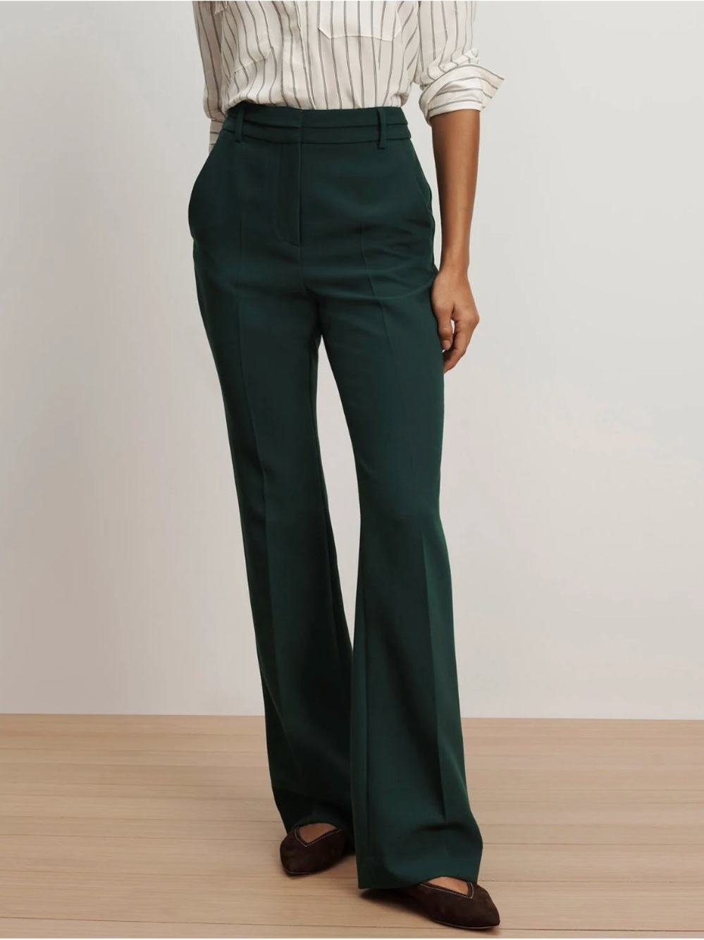 Veronica Beard Forest Green High-Rise Flare Trousers
